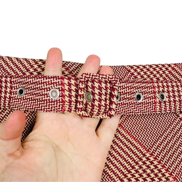 H&M Y2K Burgundy Glen Plaid Faux Wrap Belted Casual Retro Pencil Mini Skirt 10 - Picture 4 of 9